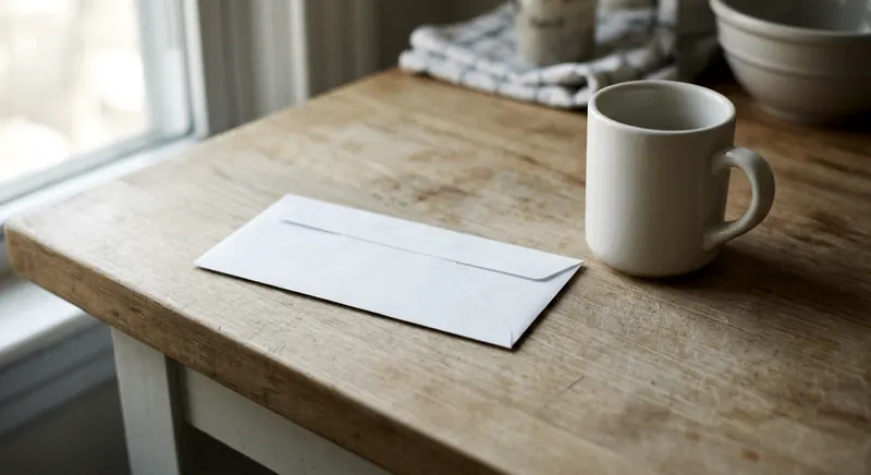 A plain unopened white envelope on a kitchen counter next to a coffee mug