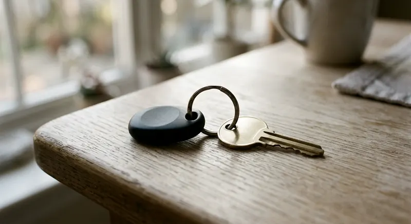 A car key with a plain black head and a brass house key on a light wood table